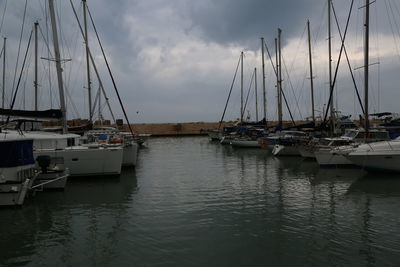 Sailboats moored in harbor against sky