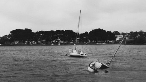 Sailboats in sea against sky