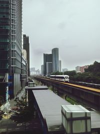 Modern buildings by railroad tracks in city against sky 