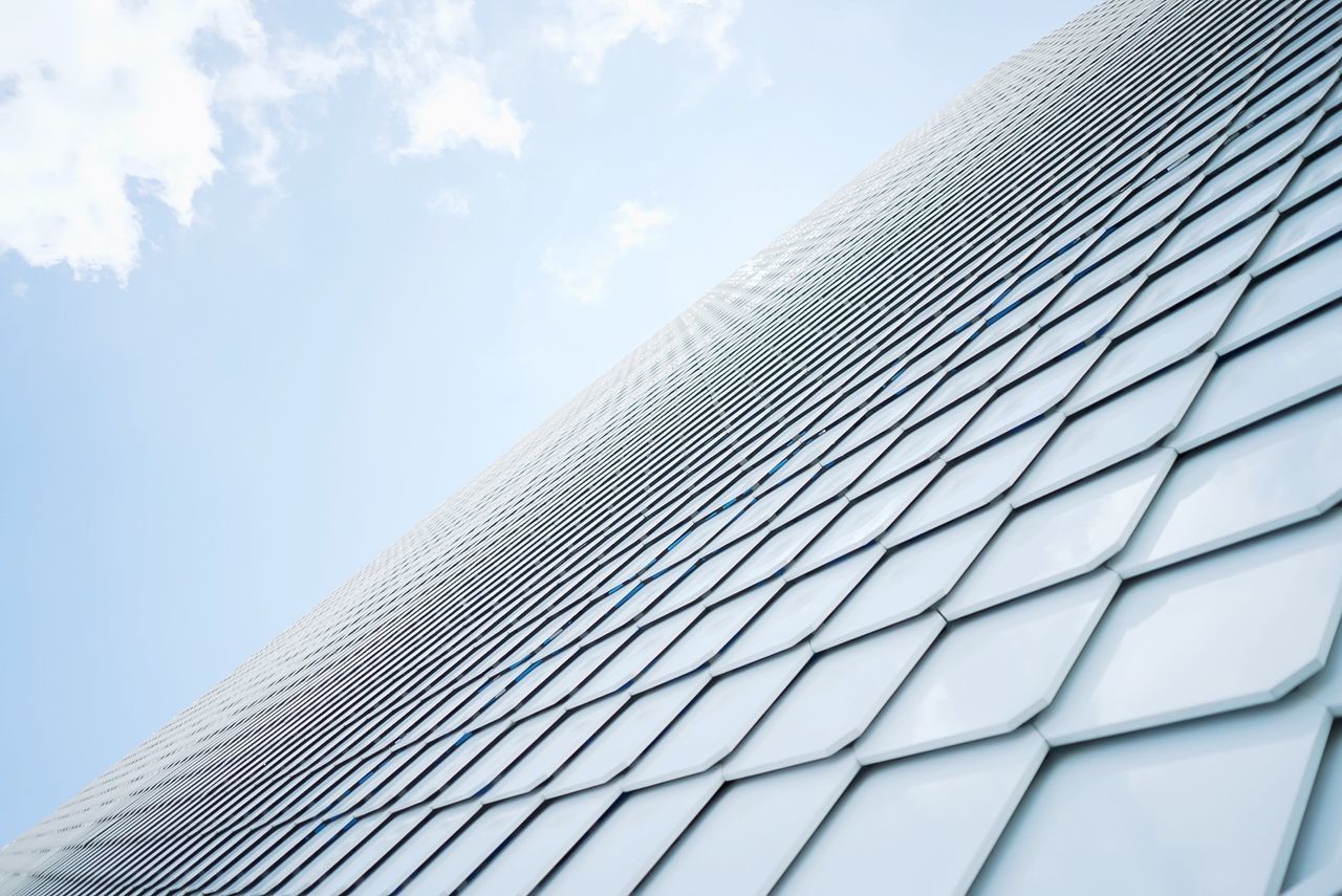 sky, built structure, low angle view, cloud - sky, building exterior, architecture, pattern, day, no people, modern, nature, office building exterior, building, tall - high, office, city, skyscraper, glass - material, outdoors, close-up, directly below