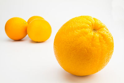 Close-up of orange fruit against white background