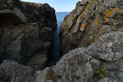 Rock formations in sea against sky