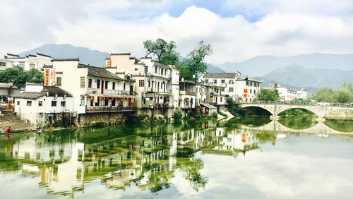 Reflection of buildings in lake against sky