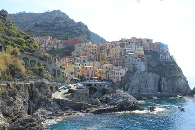 Scenic view of sea by cliff against clear sky