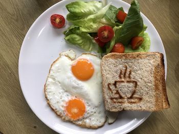 High angle view of breakfast served on table