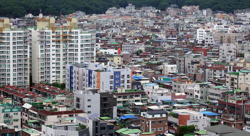 High angle view of buildings in city