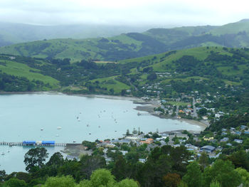 High angle view of bay against sky