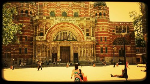 Tourists in front of historic building