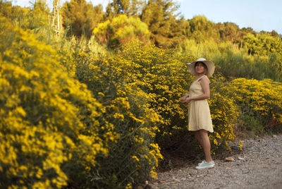 Woman in a dress and hat enjoys the field and its yellow flowers.