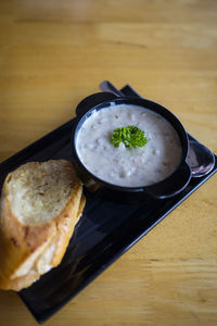 High angle view of breakfast on table