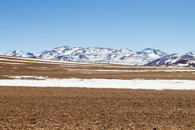 Scenic view of snowcapped mountains against clear blue sky