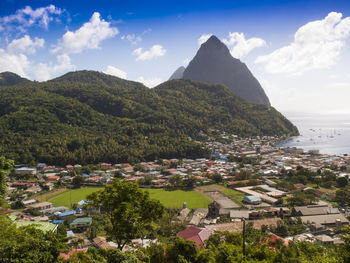 High angle view of town and mountain range