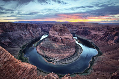 High angle view of rock formations at sunset