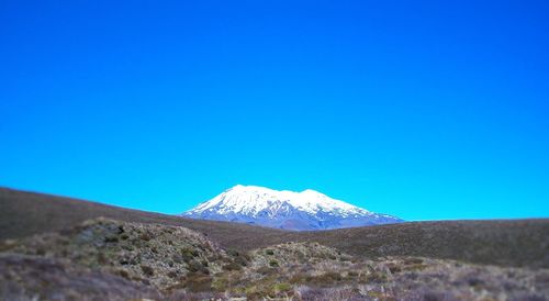 Scenic view of snowcapped mountain against blue sky