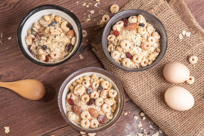 High angle view of breakfast served on table