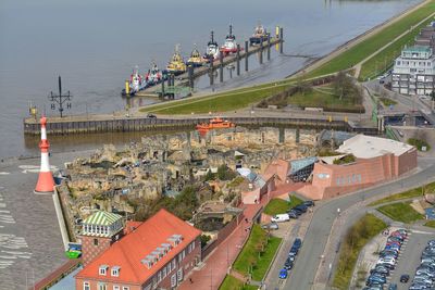 High angle view of city by river