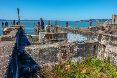 Panoramic view of sea against clear blue sky