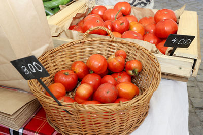 High angle view of tomatoes in basket for sale