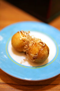 Close-up of dessert served on table