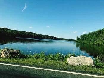 Scenic view of lake against clear blue sky