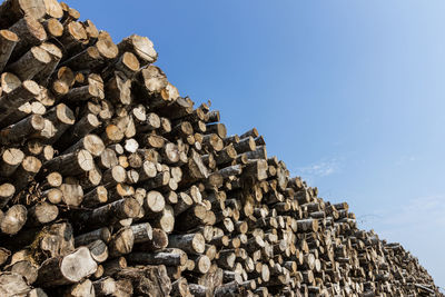 Low angle view of logs stacked against sky