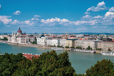 Bridge over river against buildings in city