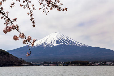 Scenic view of snowcapped mountain against cloudy sky