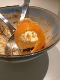 High angle view of bread in bowl on table