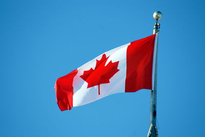 Low angle view of flag against clear blue sky