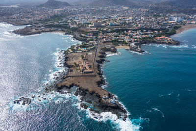 High angle view of city at waterfront