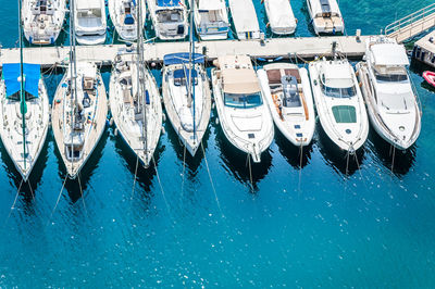 High angle view of sailboats moored in swimming pool