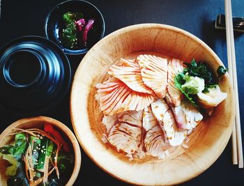 High angle view of fruits in plate on table