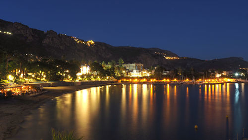 Scenic view of lake against sky at night