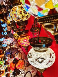 High angle view of illuminated lamp on table