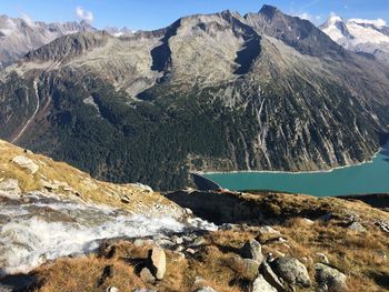 Scenic view of snowcapped mountains during winter