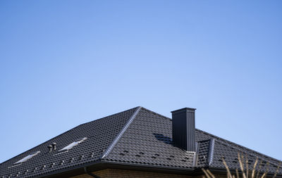 Low angle view of building against clear blue sky