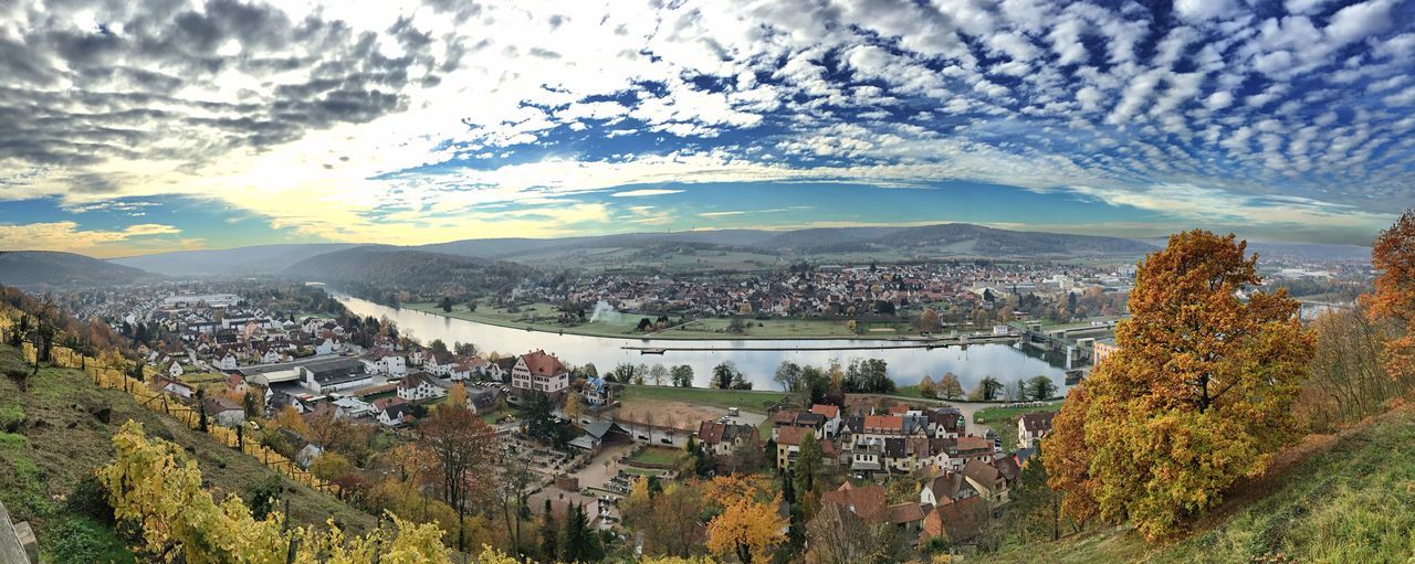 architecture, sky, built structure, building exterior, high angle view, mountain, cloud - sky, cityscape, water, landscape, city, residential district, tree, town, residential structure, cloud, river, residential building, house, crowded