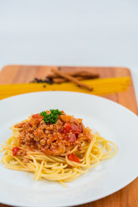 Close-up of noodles served in plate