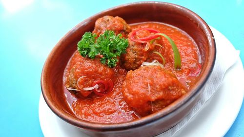 High angle view of food in bowl on table