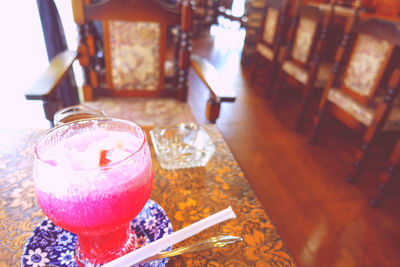 High angle view of drink in glass on table