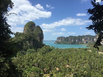 Scenic view of sea and trees against sky