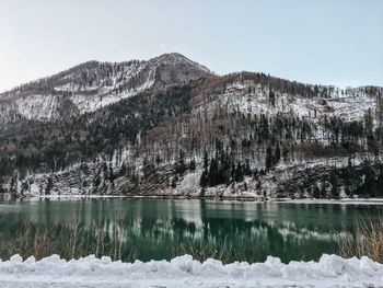 Scenic view of lake by snowcapped mountains against sky