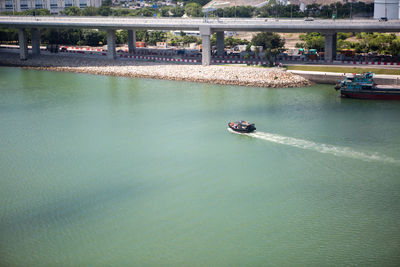 High angle view of boat sailing on river