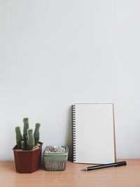 Potted plants on table against wall
