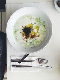 High angle view of breakfast on table
