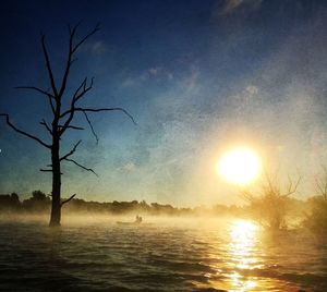 Reflection of trees in water at sunset