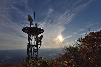 Low angle view of water tower against sky during sunset