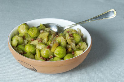 High angle view of salad in bowl on table