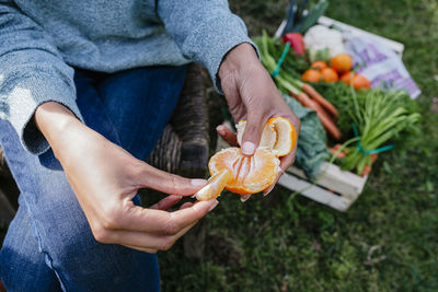 Woman peeling a tangerine, taking a break in a vegetable garden