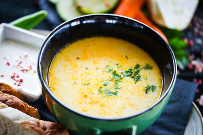 High angle view of soup in bowl